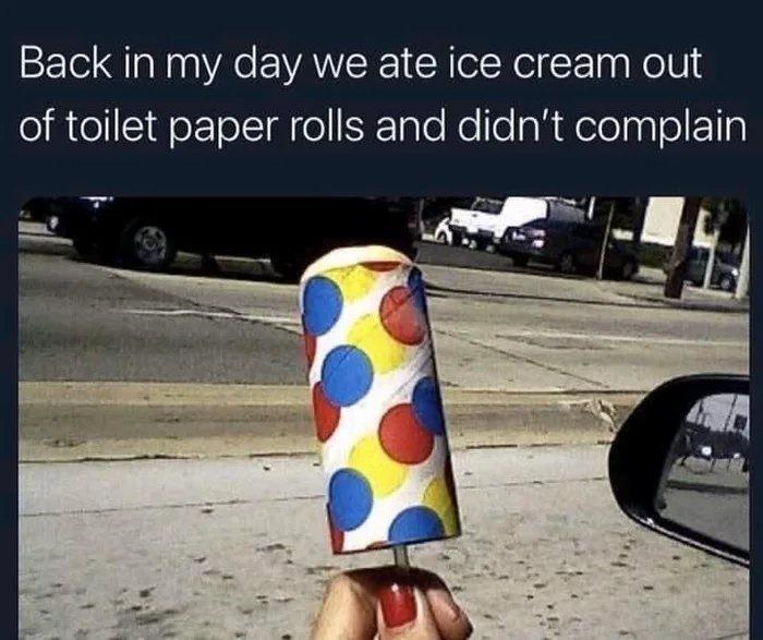 funny memes and cool pics - ate ice cream out of toilet paper rolls - Back in my day we ate ice cream out of toilet paper rolls and didn't complain