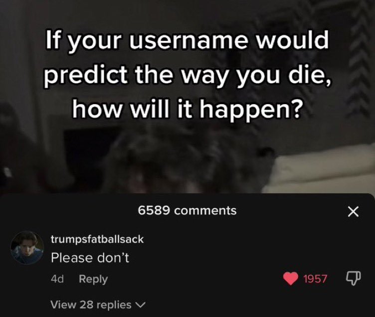 chaotic tiktok screenshots - you get hired on the spot - If your username would predict the way you die, how will it happen? 6589 trumpsfatballsack Please don't 4d View 28 replies 1957 X