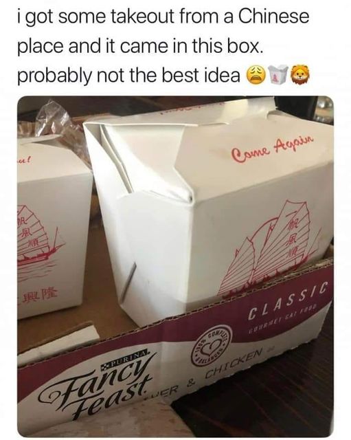 cool pics and funny memes - Internet meme - i got some takeout from a Chinese place and it came in this box. probably not the best idea ut Fro Jal Pre Purinal Feast Contra Angs Come Again Classic, Gourmet Cat Food Er & Chicken