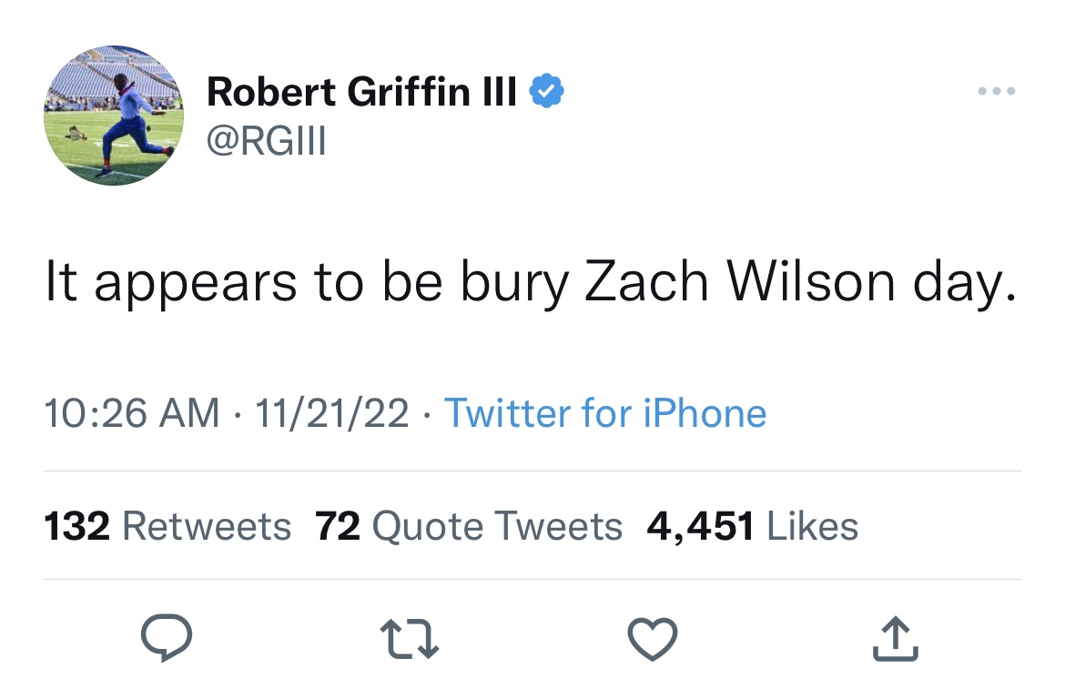 tweets roasting celebs - maybe it has to grow on yall - Robert Griffin Iii It appears to be bury Zach Wilson day. 112122 Twitter for iPhone 132 72 Quote Tweets 4,451 22