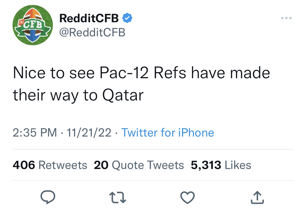 tweets roasting celebs - derrick barry india ferrah twitter - Cfb RedditCFB Nice to see Pac12 Refs have made their way to Qatar 112122 Twitter for iPhone 406 20 Quote Tweets 5,313 27