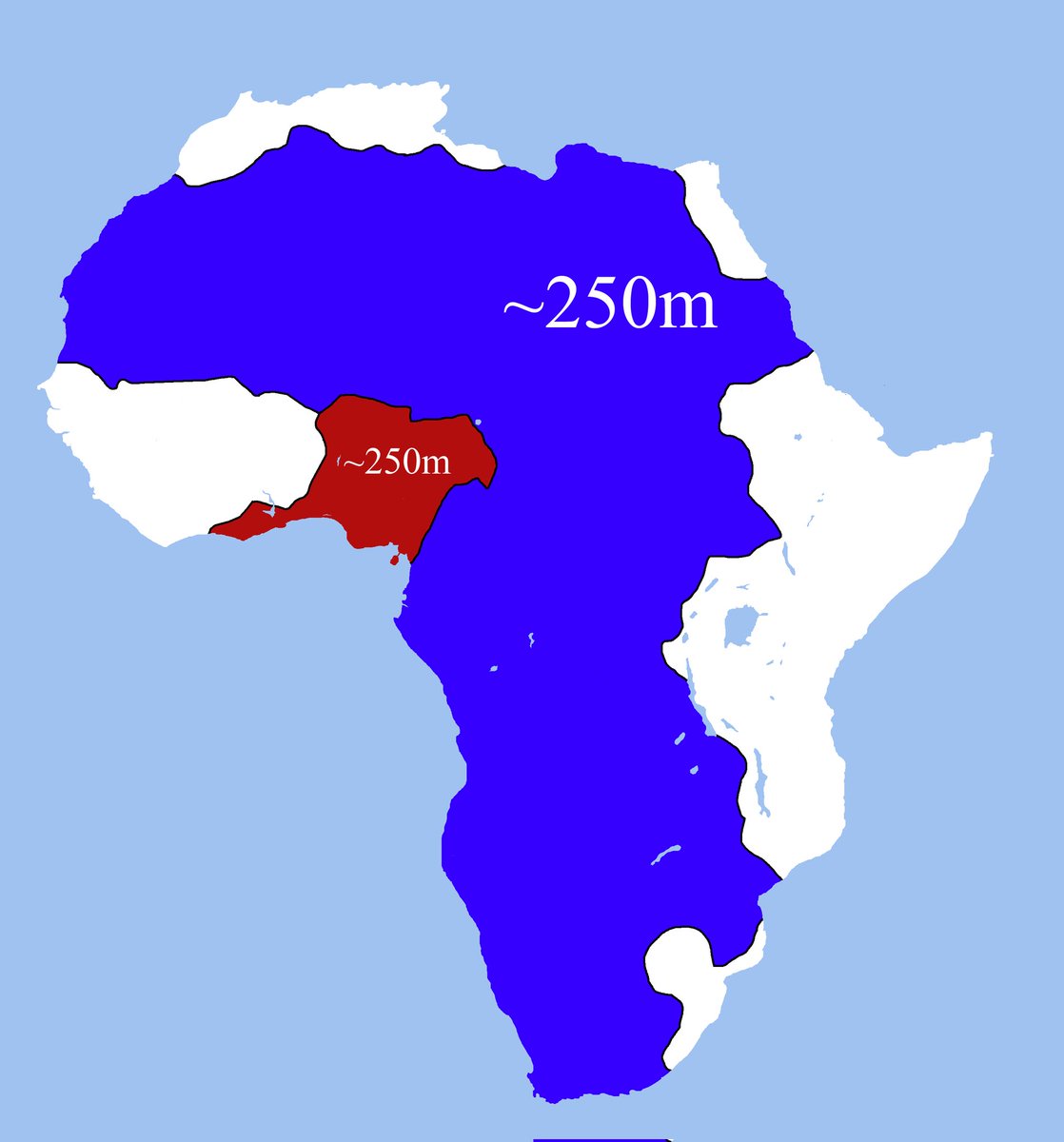 The red and blue areas have about the same population in Africa.
