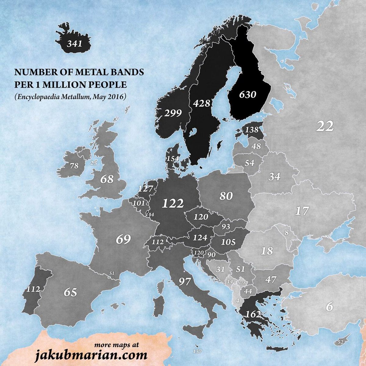 Fascinating maps - metal bands in europe - 341 Number Of Metal Bands Per 1 Million People Encyclopaedia Metallum, 1125 65 68 69 $144 1012 122 more maps at jakubmarian.com 299 112 154 97 428 120 124 120 90 137 80 93 105 630 138 31 51 48 54 44 34 18 162 47 