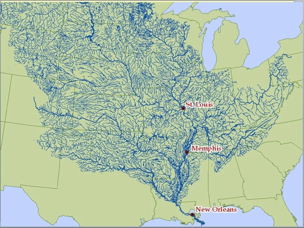 Fascinating maps - mississippi river and its tributaries - St. Louis Memphis New Orleans