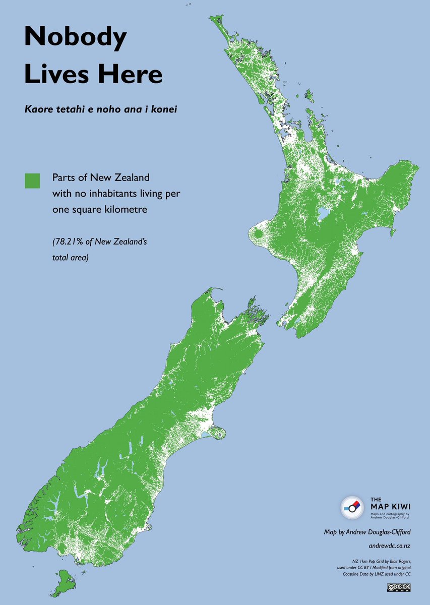 Fascinating maps - kiwi new zealand map - Nobody Lives Here Kaore tetahi e noho ana i konei Parts of New Zealand with no inhabitants living per one square kilometre 78.21% of New Zealand's total area The Map Kiwi Maps and cartography by Andrew DouglasClif