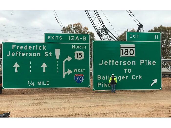 absolute unit sized thigns - highway traffic signs - Exits Frederick Jefferson St 14 Mile 12AB North 15 West Amitteres 70 Exit 11 180 Jefferson Pike To Ballager Crk Pike