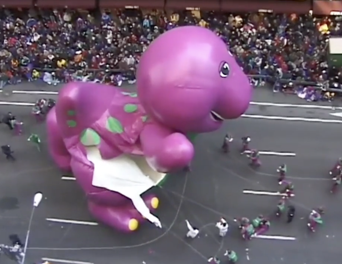 The death of Barney. Thanksgiving Day Parade, 1997.
