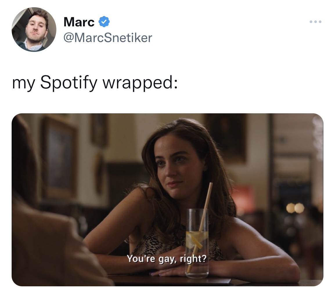 Spotify Wrapped Memes - photo caption - Marc my Spotify wrapped You're gay, right?