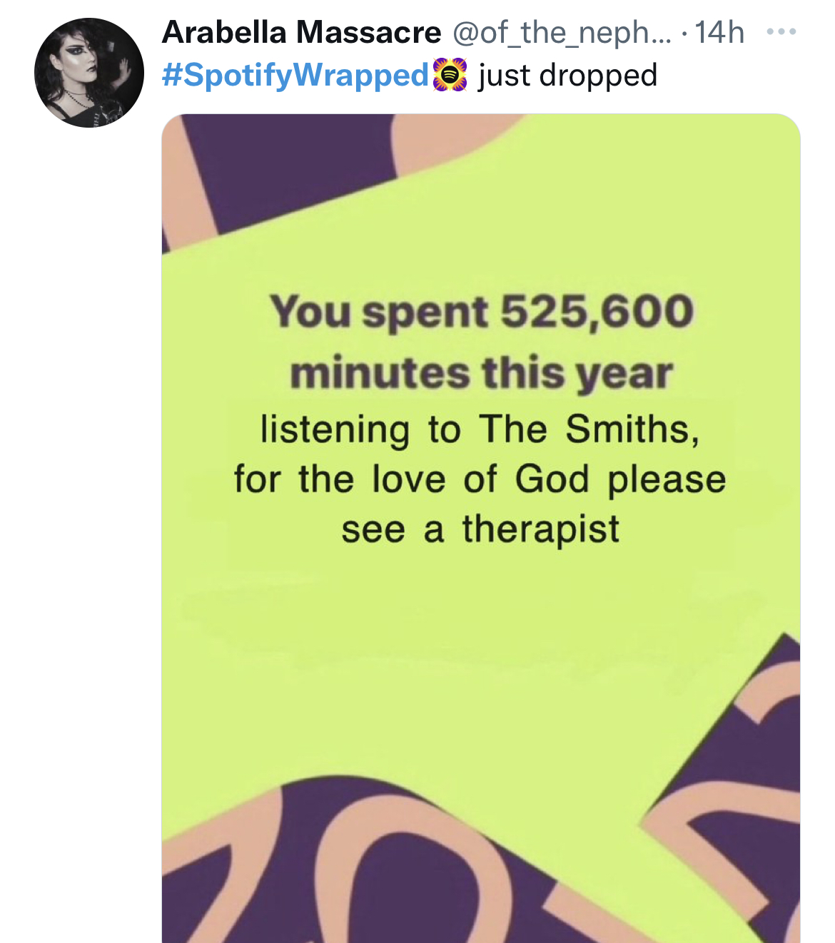 Spotify Wrapped Memes - material - Arabella Massacre ... 14h just dropped You spent 525,600 minutes this year listening to The Smiths, for the love of God please see a therapist C