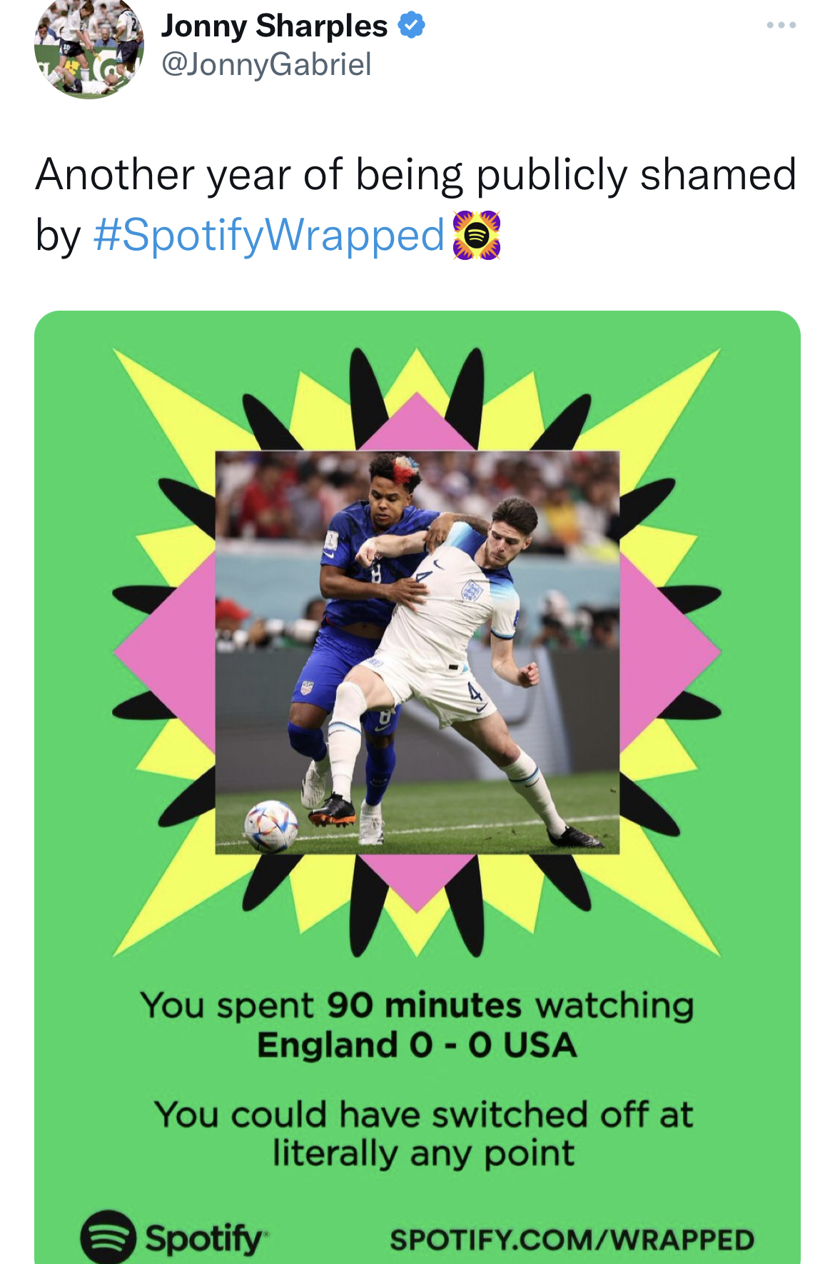 Spotify Wrapped Memes - sports - Jonny Sharples Another year of being publicly shamed by You spent 90 minutes watching England 00 Usa You could have switched off at literally any point Spotify Spotify.ComWrapped