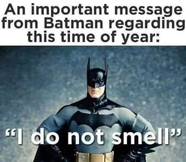 relatable memes - photo caption - An important message from Batman regarding this time of year "I do not smell"