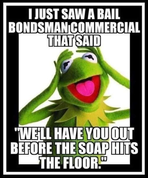 funny pics and memes - kermit the frog - I Just Saw A Bail Bondsman Commercial That Said "We'Ll Have You Out Before The Soap Hits The Floor."