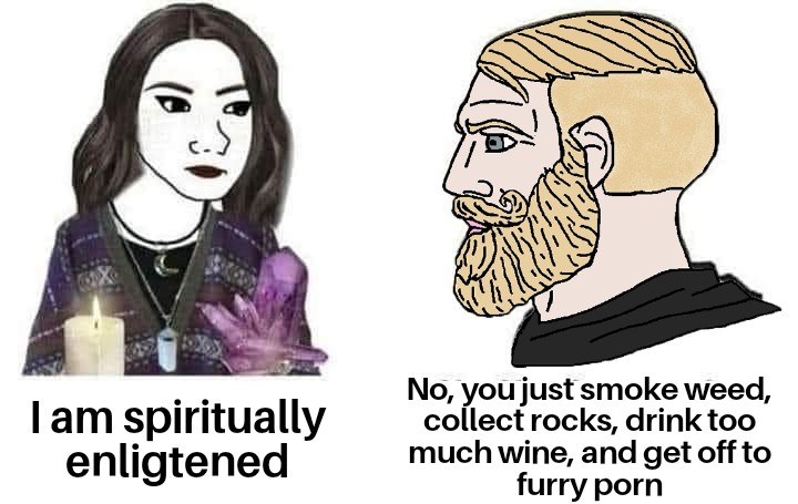 funny friday memes -  cartoon - I am spiritually enligtened No, you just smoke weed, collect rocks, drink too much wine, and get off to furry porn