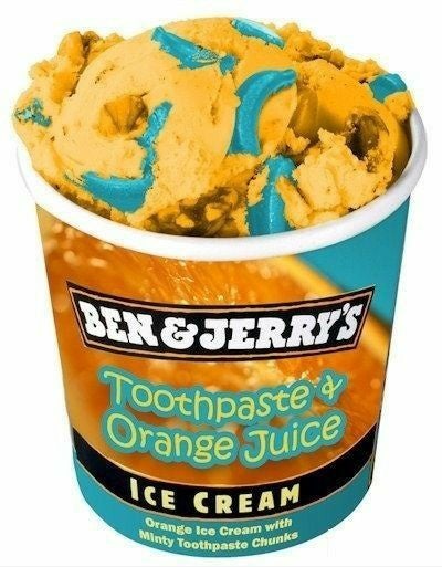 cursed pics - weird ice cream flavors - Ben&Jerry'S Toothpaste & Orange Juice Ice Cream Orange Ice Cream with Minty Toothpaste Chunks