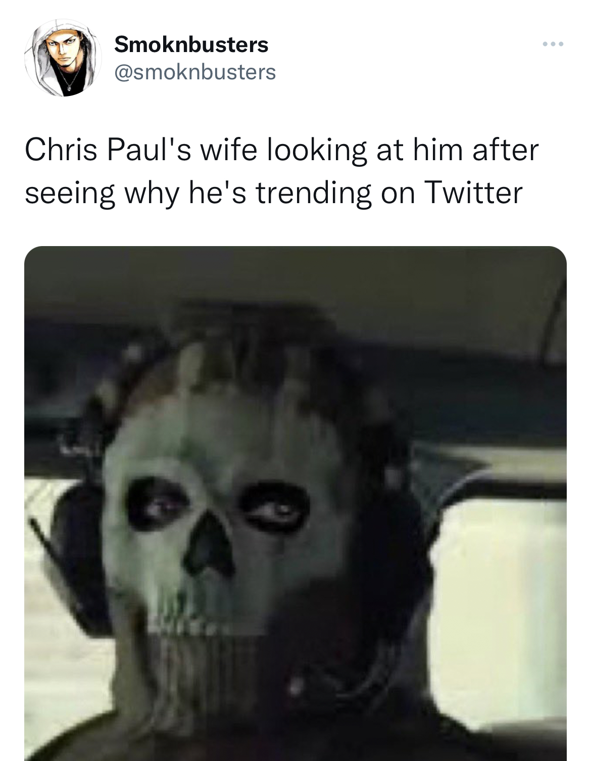 Chris Paul and Kim K memes - mw2 ghost staring meme - Smoknbusters w Chris Paul's wife looking at him after seeing why he's trending on Twitter