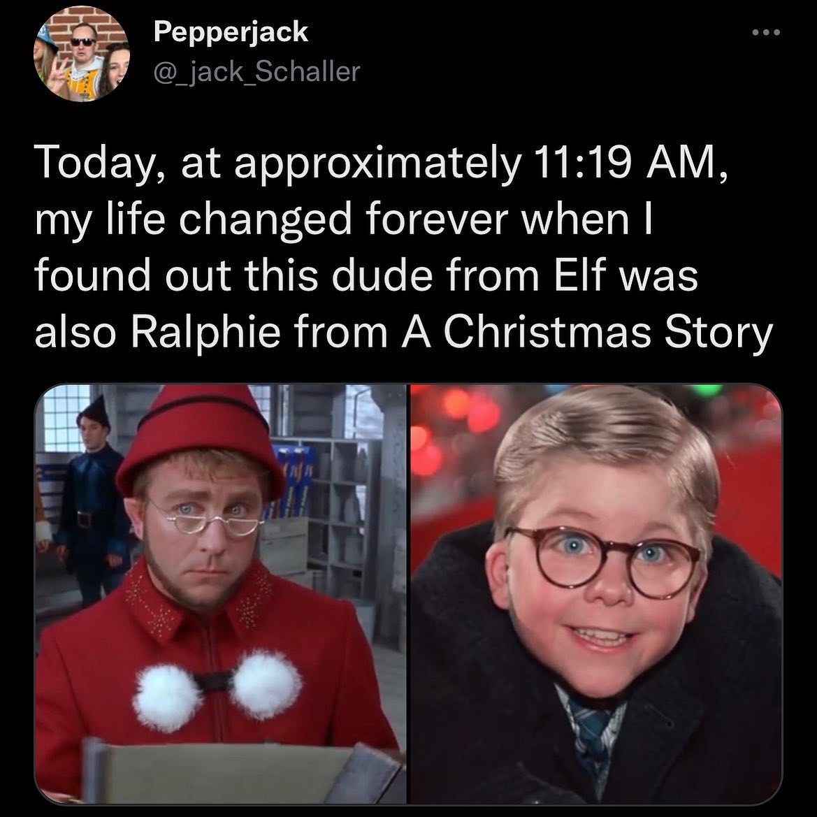 monday morning randomness - photo caption - Pepperjack Today, at approximately , my life changed forever when I found out this dude from Elf was also Ralphie from A Christmas Story