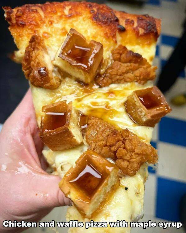 monday morning randomness - chicken and waffle pizza - H Chicken and waffle pizza with maple syrup