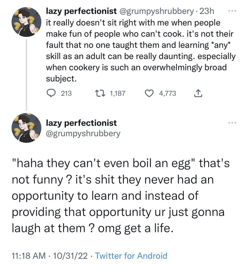 twitter hot takes 2022 - angle - lazy perfectionist . 23h it really doesn't sit right with me when people make fun of people who can't cook. it's not their fault that no one taught them and learning any skill as an adult can be really daunting. especially