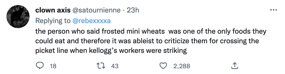 twitter hot takes 2022 - second civil war letters meme - clown axis 23h the person who said frosted mini wheats was one of the only foods they could eat and therefore it was ableist to criticize them for crossing the picket line when kellogg's workers wer