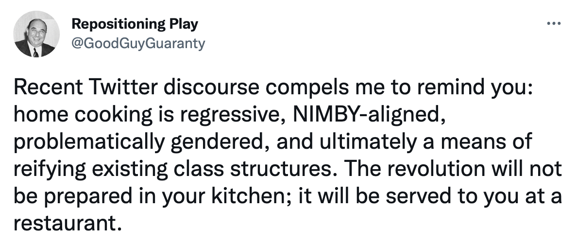 twitter hot takes 2022 - News - Repositioning Play ... Recent Twitter discourse compels me to remind you home cooking is regressive, Nimbyaligned, problematically gendered, and ultimately a means of reifying existing class structures. The revolution will 
