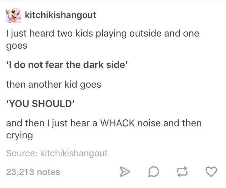 pics and memes daily dose - sound of childhood happening - kitchikishangout I just heard two kids playing outside and one goes 'I do not fear the dark side' then another kid goes 'You Should' and then I just hear a Whack noise and then crying Source kitch