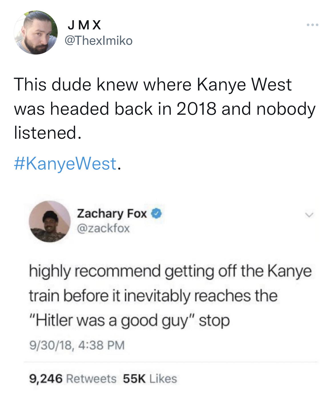 tweets roasting celebs - Jmx This dude knew where Kanye West was headed back in 2018 and nobody listened. . Zachary Fox highly recommend getting off the Kanye train before it inevitably reaches the "Hitler was a good guy" stop 93018, 9,246 55K
