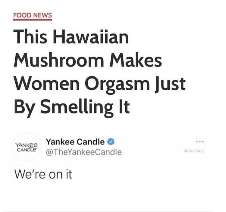 tantric tuesday spicy memes - hawaiian mushroom yankee candle - Food News This Hawaiian Mushroom Makes Women Orgasm Just By Smelling It Yankee Candle Yankee Candle Candle We're on it drgraylang