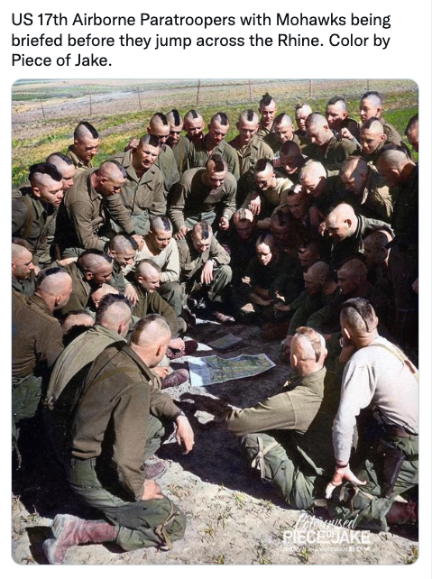 fascinating photos - mohawk paratrooper - Us 17th Airborne Paratroopers with Mohawks being briefed before they jump across the Rhine. Color by Piece of Jake. Piece Jake
