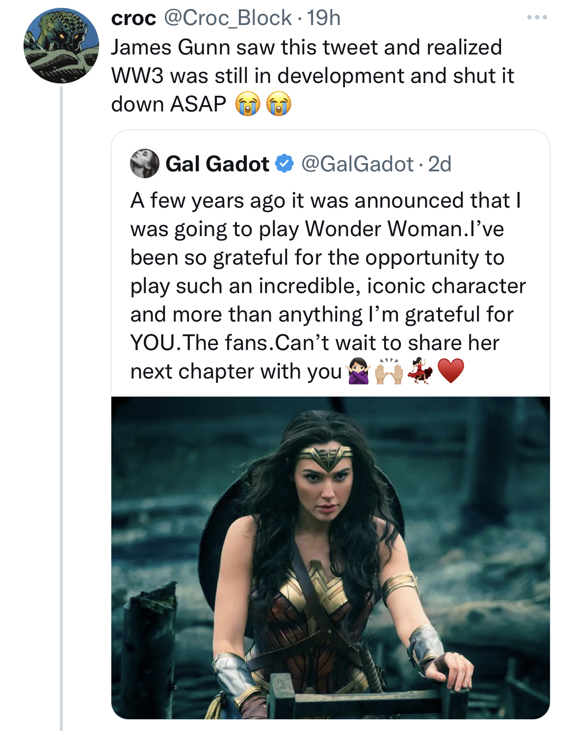 Tweets dunking on celebs - croc Block 19h James Gunn saw this tweet and realized WW3 was still in development and shut it down Asap Gal Gadot Gadot 2d A few years ago it was announced that I was going to play Wonder Woman.I've been so grateful for the opp