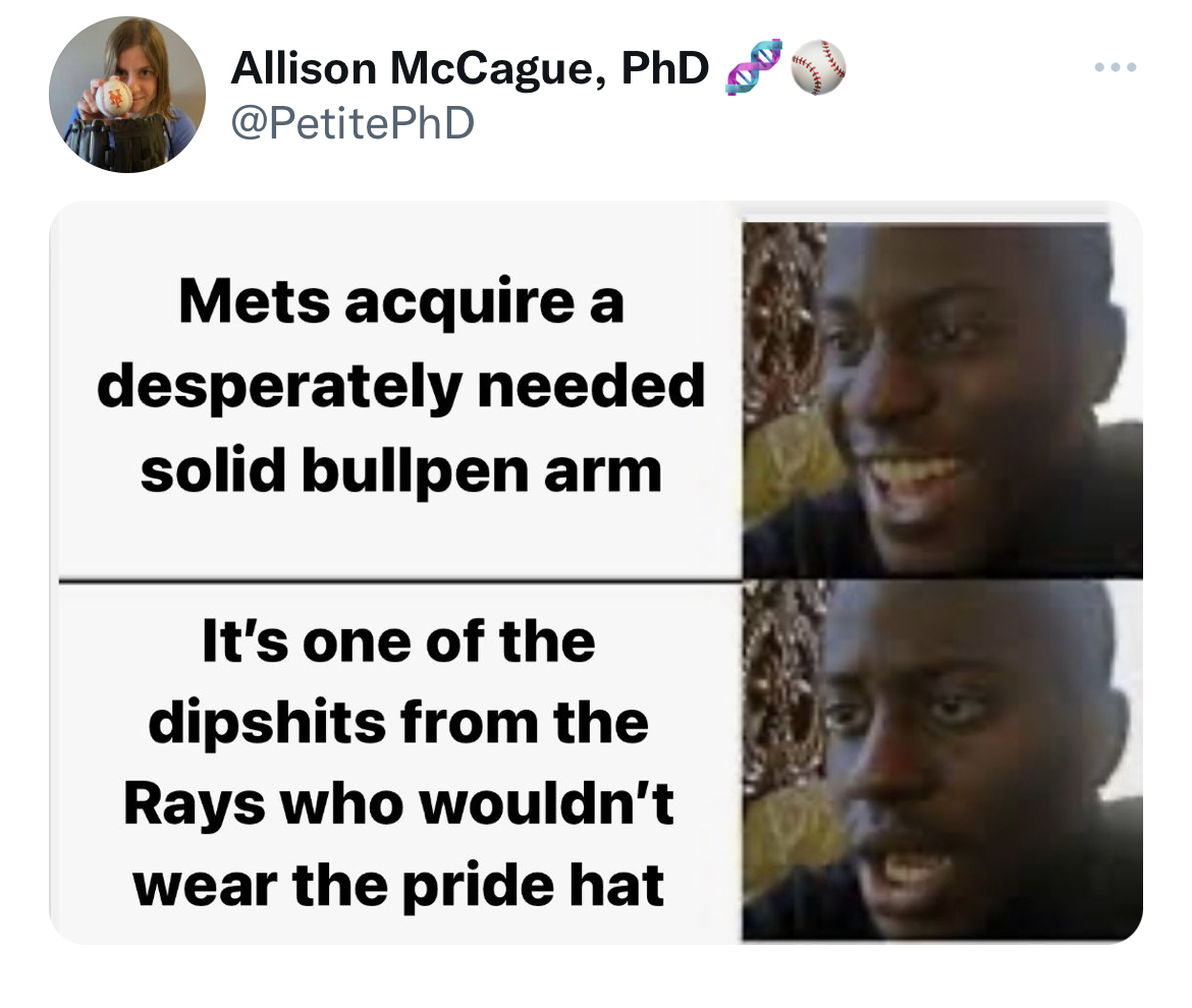 Tweets dunking on celebs - you know what i mean - Allison McCague, PhD Mets acquire a desperately needed solid bullpen arm It's one of the dipshits from the Rays who wouldn't wear the pride hat