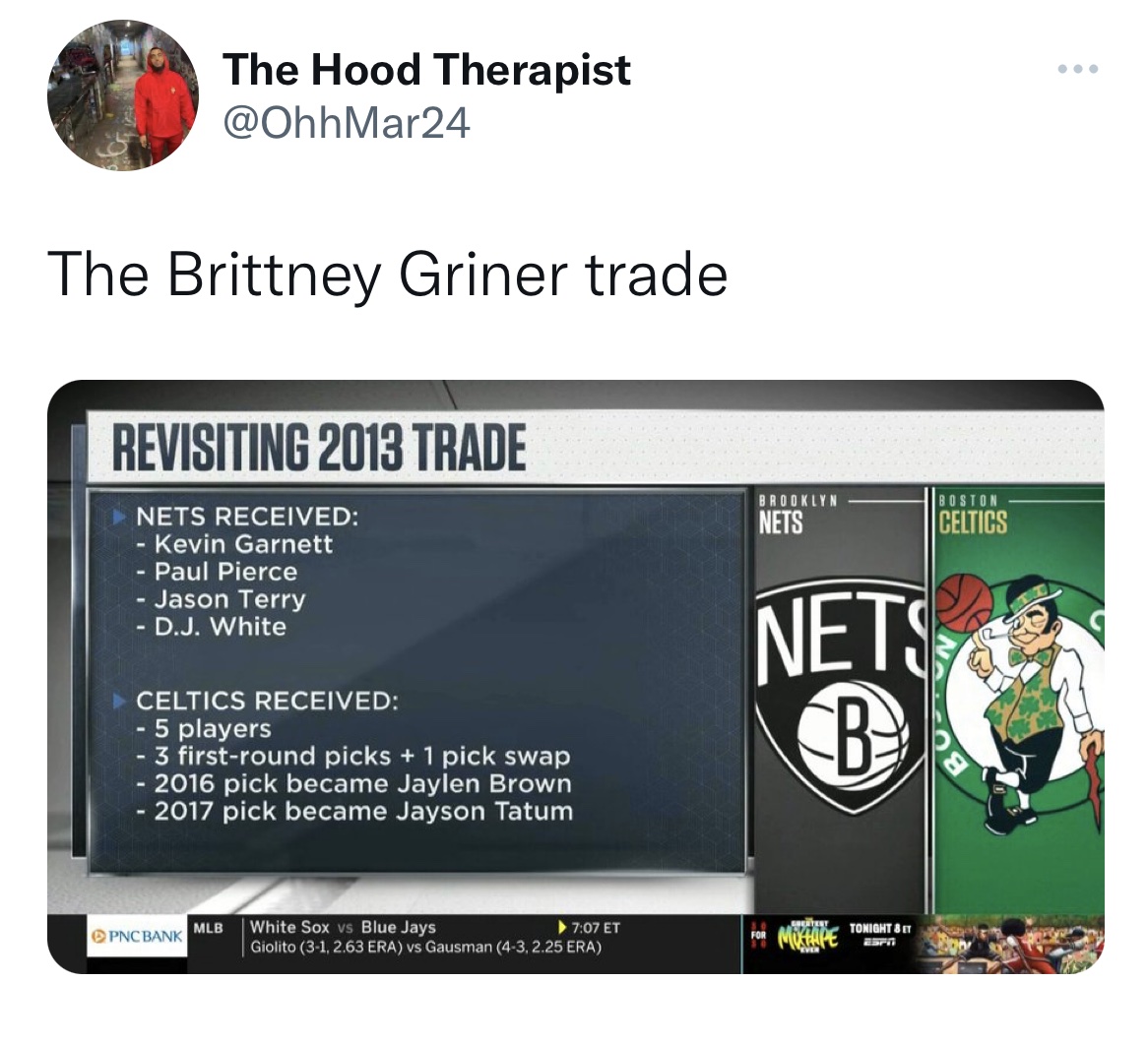 Brittney Griner Reactions - boston celtics - The Brittney Griner trade Revisiting 2013 Trade Nets Received Kevin Garnett The Hood Therapist Paul Pierce Jason Terry D.J. White Celtics Received 5 players 3 firstround picks 1 pick swap 2016 pick became Jayle
