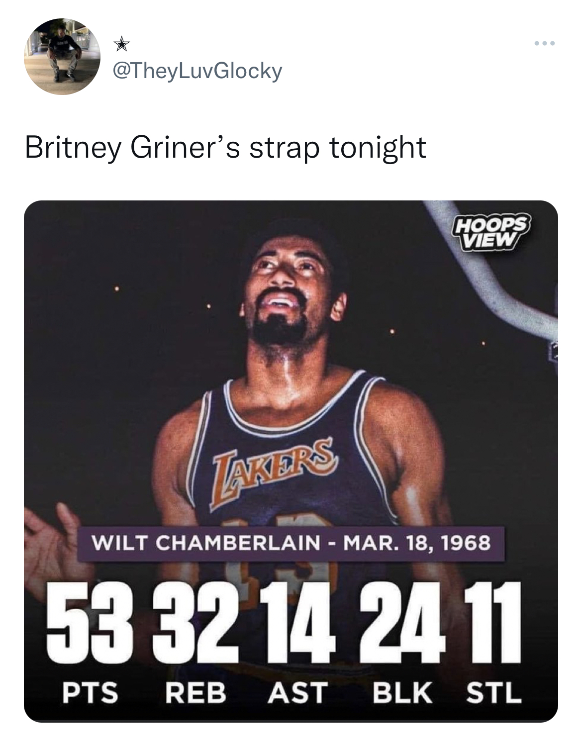 Brittney Griner Reactions - basketball player - Britney Griner's strap tonight Takers Hoops View Wilt Chamberlain Mar. 18, 1968 53 32 14 24 11 Pts Reb Ast Blk Stl