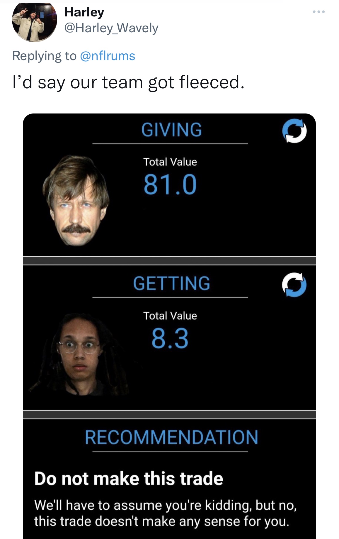 Brittney Griner Reactions - viktor bout - Harley I'd say our team got fleeced. Giving Total Value 81.0 Getting Total Value 8.3 Recommendation O Do not make this trade We'll have to assume you're kidding, but no, this trade doesn't make any sense for you.