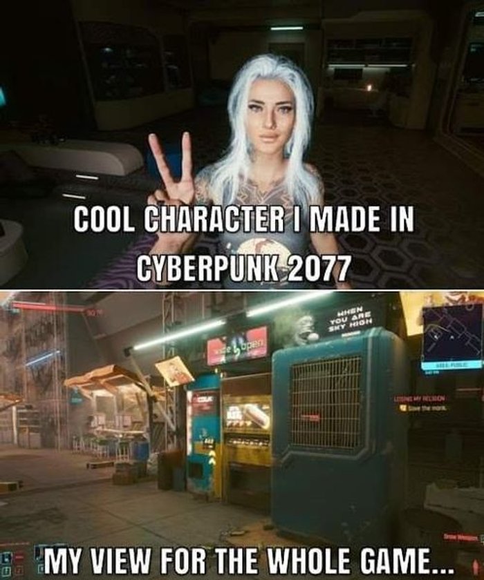 gaming memes - photo caption - Cool Character I Made In Cyberpunk 2077 wide open Hhen You Are Sky High Lessing My Relion My View For The Whole Game...