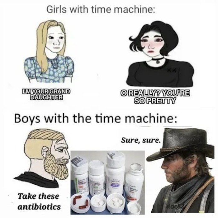 gaming memes - cartoon - Girls with time machine Hm Your Grand Daughter O Really? You'Re So Pretty Boys with the time machine Take these antibiotics Sure, sure. docs2