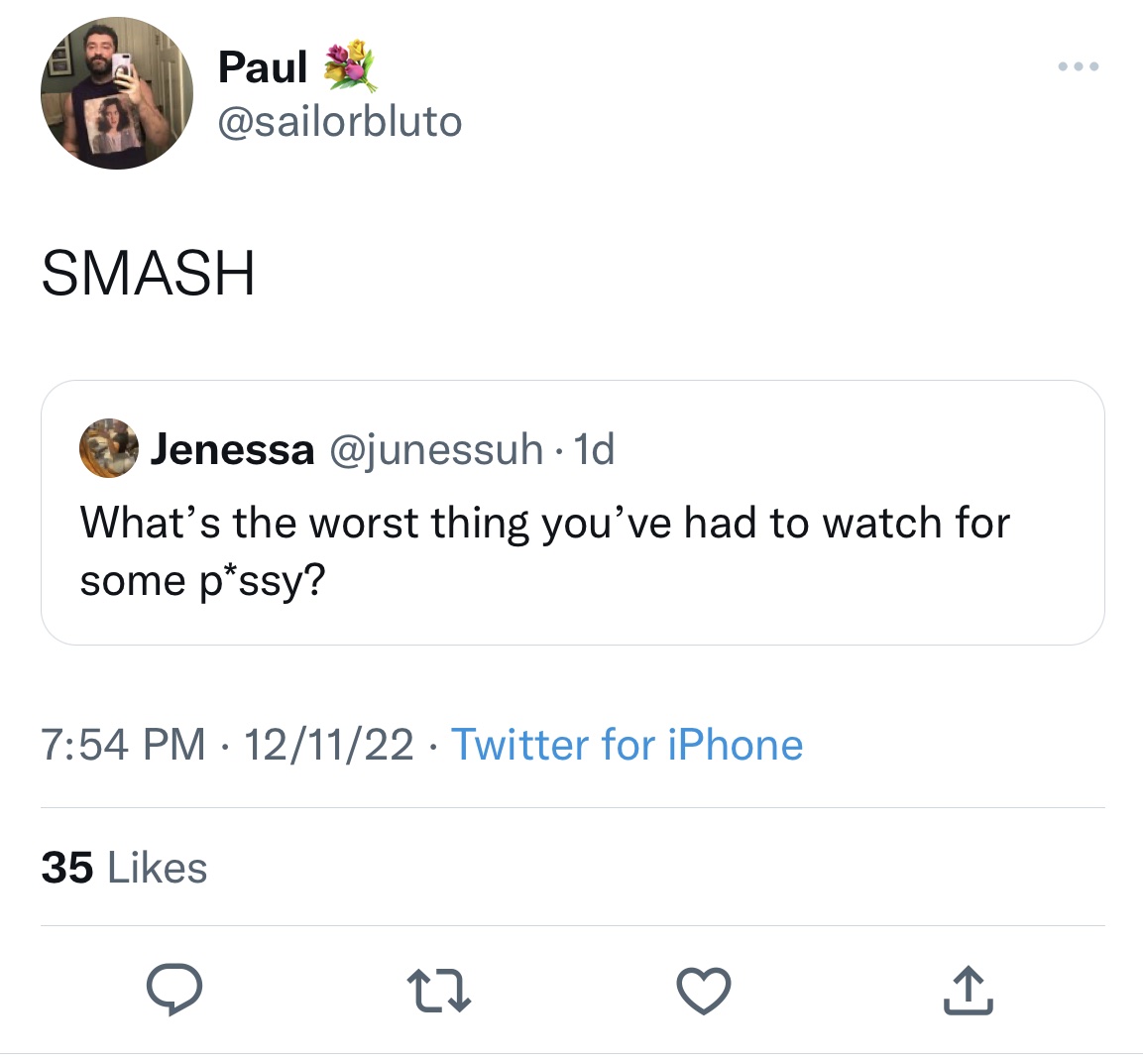 Tweets roasting celebs - Paul Smash Jenessa . 1d What's the worst thing you've had to watch for some pssy? 121122 Twitter for iPhone 35 27