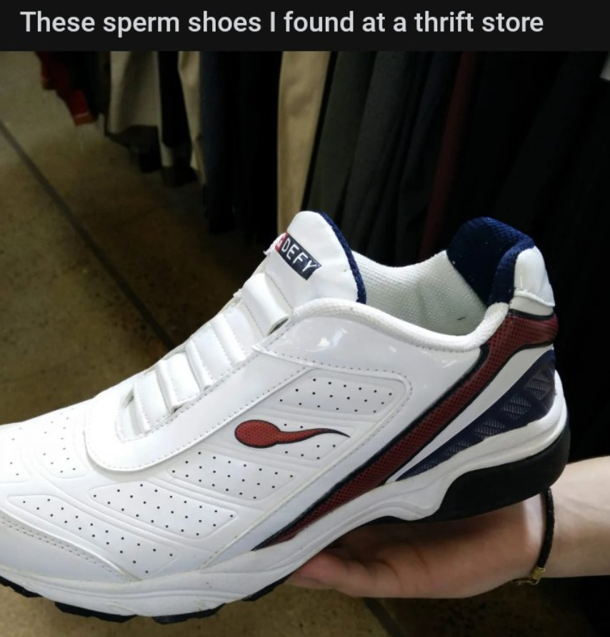 good posts from reddit - athletic shoe - These sperm shoes I found at a thrift store Defy