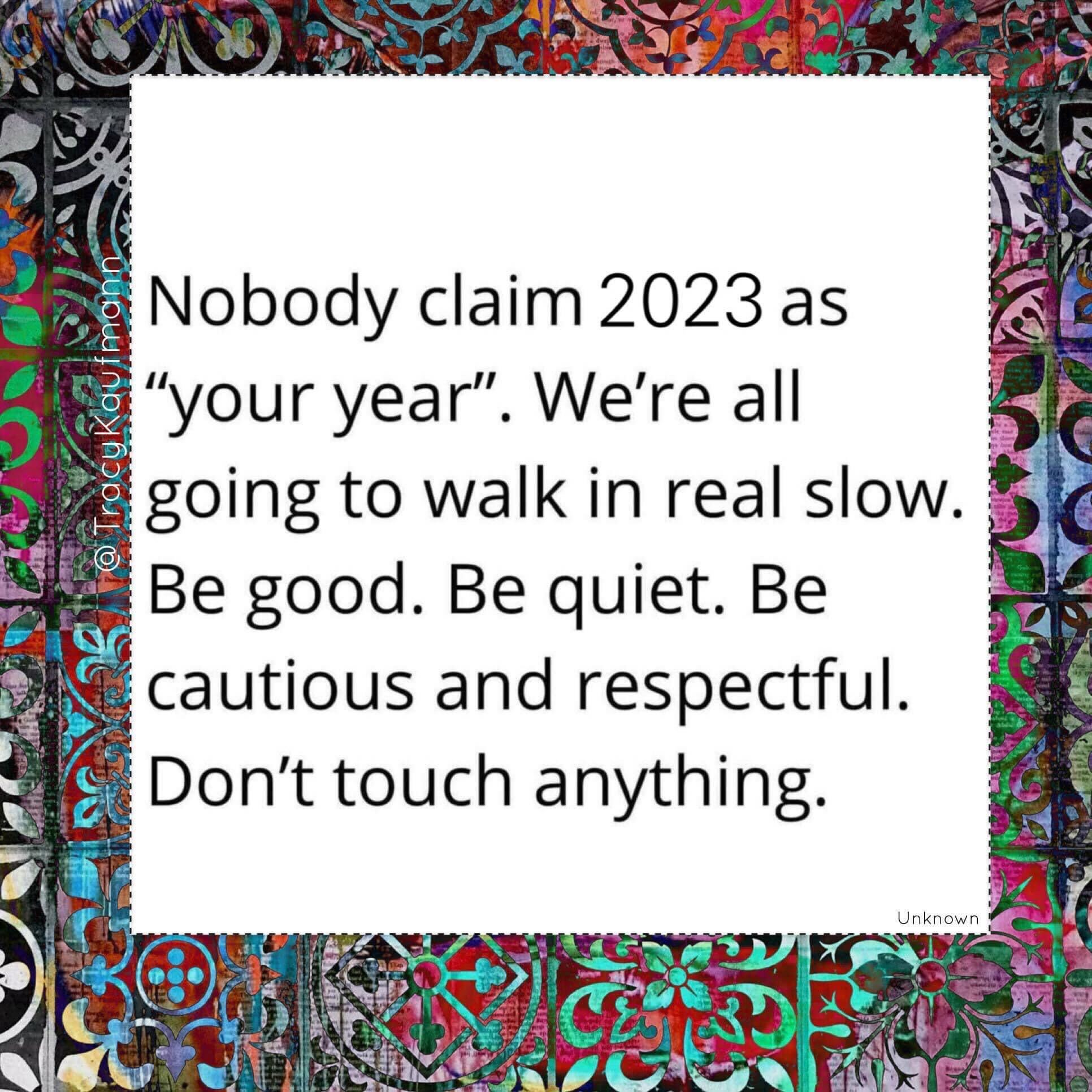 cool pics and memes - pattern - Nobody claim 2023 as "your year". We're all going to walk in real slow. Be good. Be quiet. Be cautious and respectful. Don't touch anything. Unknown