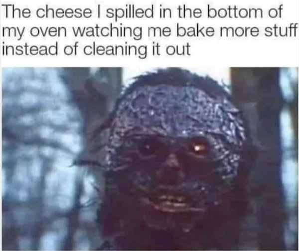 too true memes -  cheese in the oven meme - The cheese I spilled in the bottom of my oven watching me bake more stuff instead of cleaning it out