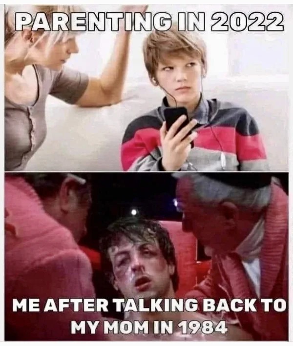 too true memes -  photo caption - Parenting In 2022 Me After Talking Back To My Mom In 1984