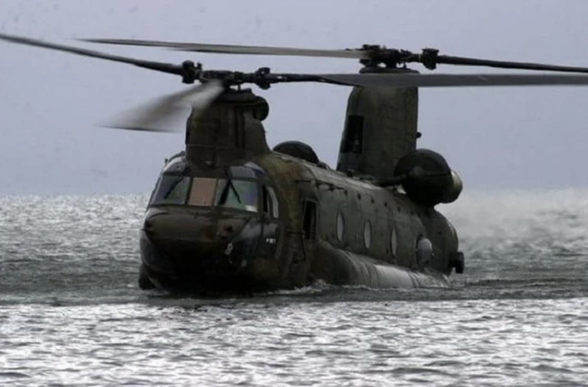 The chinook making a water landing.