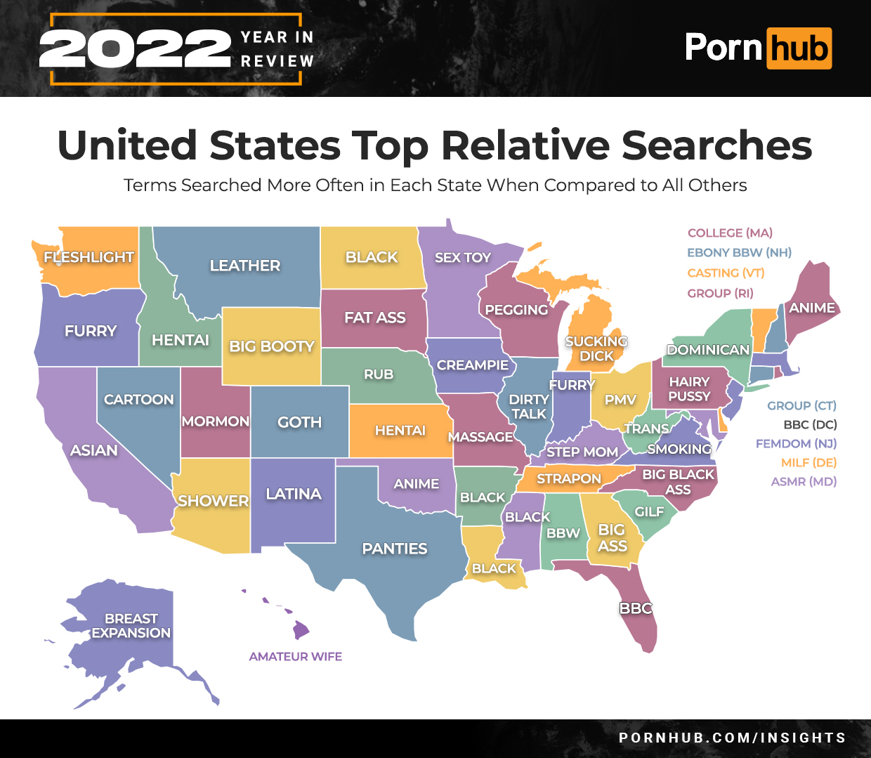 pornhub year in review 2022 - us map with states labeled - Year In 2022 Review United States Top Relative Searches Terms Searched More Often in Each State When Compared to All Others Fleshlight Furry Cartoon Asian Hentai Big Booty Leather Breast Expansion
