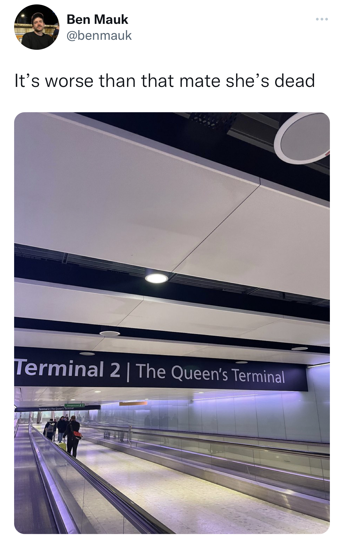 tweets dunking on celebs - light - Ben Mauk It's worse than that mate she's ead Terminal 2 | The Queen's Terminal