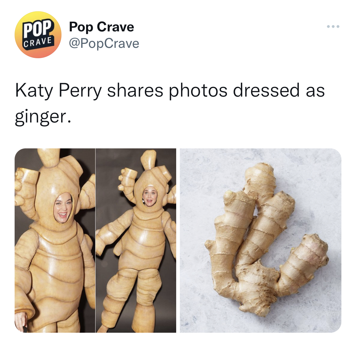 tweets dunking on celebs - ginger root - Pop Pop Crave Crave Katy Perry photos ressed as ginger.