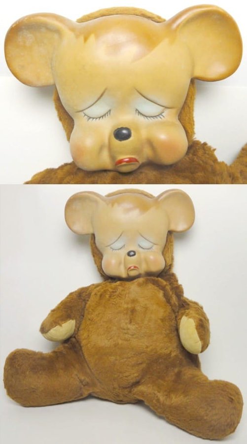Pouting Bear rubber face plush doll, 1959. Made by the Knickerbocker Toy Company.