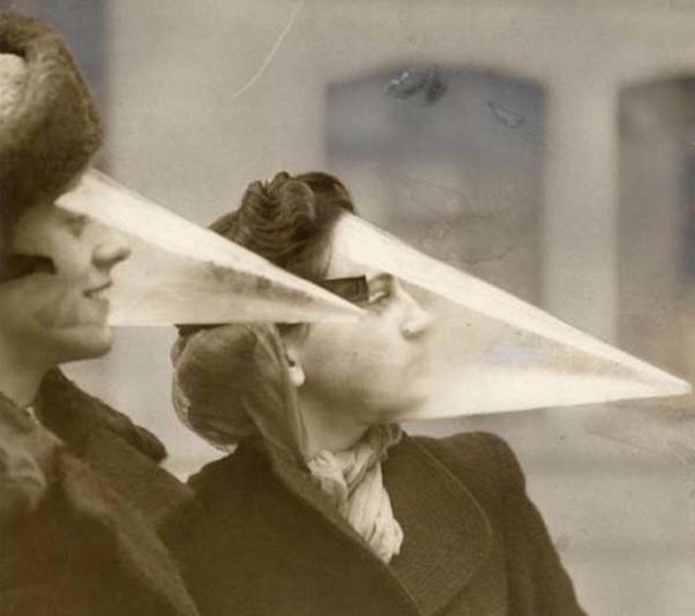 Face Cones’ - Plastic face protection from snowstorms. Canada, Montreal, 1939.