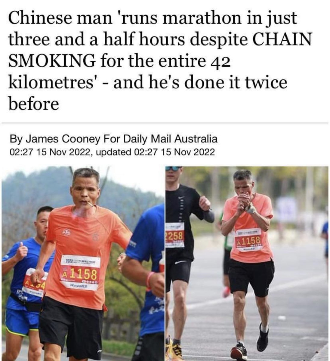 dudes posting their w's - chinese man runs marathon chain smoking - Chinese man 'runs marathon in just three and a half hours despite Chain Smoking for the entire 42 kilometres' and he's done it twice before By James Cooney For Daily Mail Australia , upda