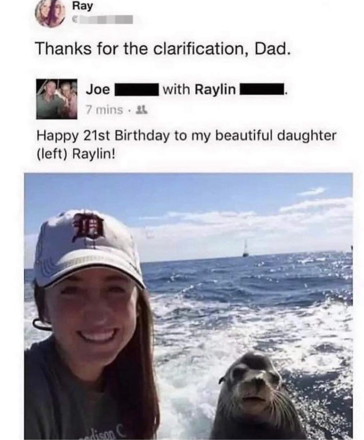 dudes posting their w's - photo caption - Ray Thanks for the clarification, Dad. Joe 7 mins. L with Raylin Happy 21st Birthday to my beautiful daughter left Raylin! dison C