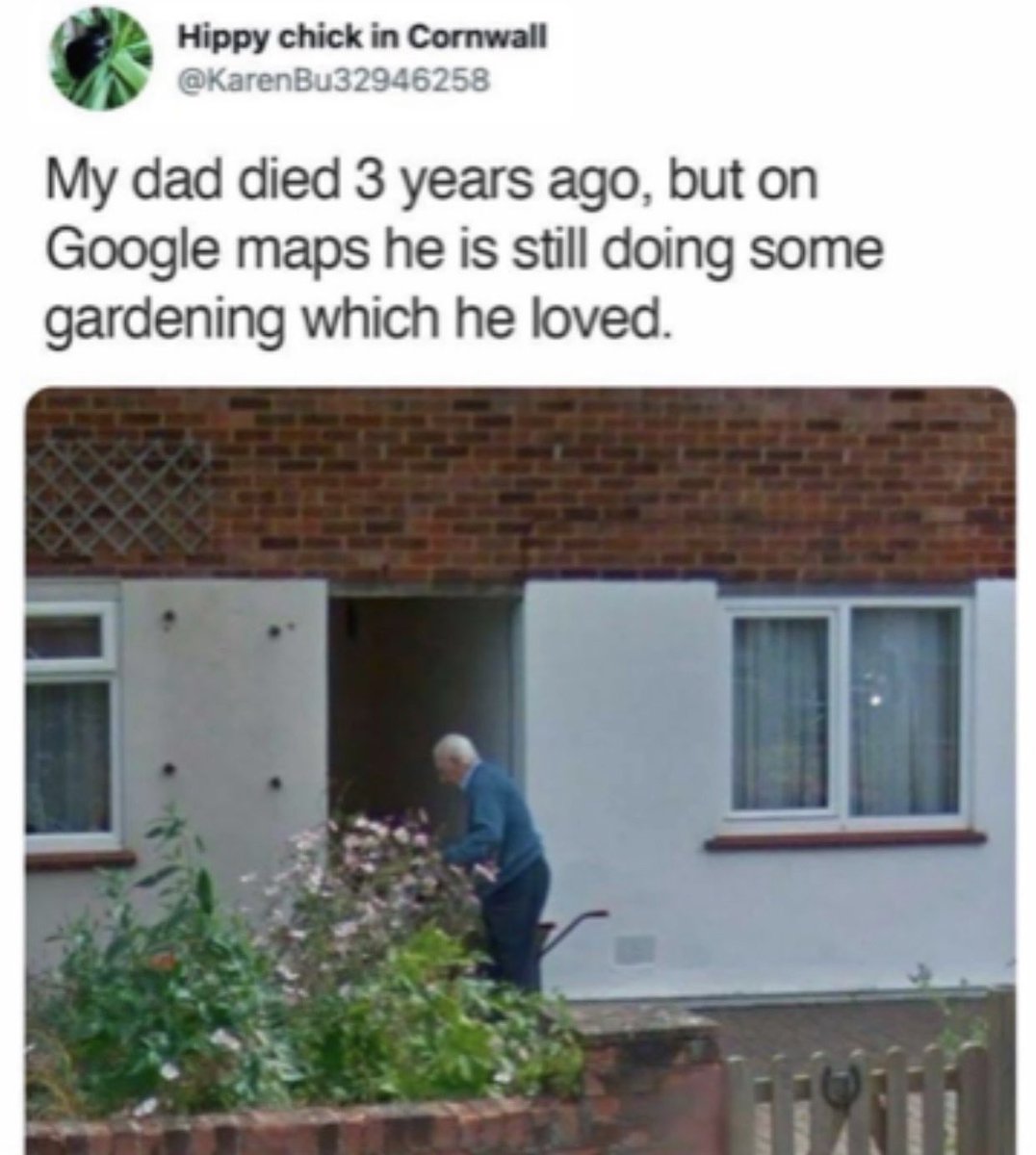 dudes posting their w's - my dad died 3 years ago but - Hippy chick in Cornwall My dad died 3 years ago, but on Google maps he is still doing some gardening which he loved.