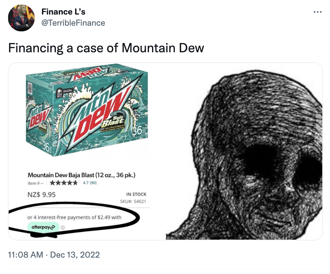 dudes posting their w's - mtn dew - Finance L's Financing a case of Mountain Dew 49 Blast Mountain Dew Baja Blast 12 oz., 36 pk. Item# 47 90 Nz$ 9.95 36 or 4 interestfree payments of $2.49 with afterpay In Stock Sku 54021